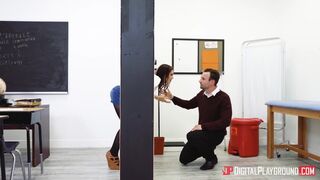 Sexy ginger college girl fucks her prof in a classroom