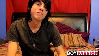 Young man tugs on his shaft vigorously after kinky interview