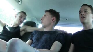 Three twinkies doing hardcore anal fucking in a small car