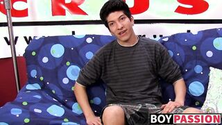 Interviewed young twink jerks off his huge dick & cums