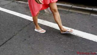 Foot fetish femdom walking with her sub (outdoor)