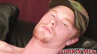 Redhead amateur tugging his long heavy prick & blasting cum