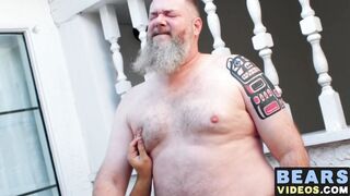 Nasty thick bear makes his cub go on knees to blow his rod