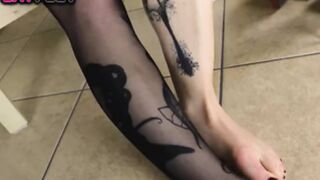 Barefoot devil cosplayer takes stockings off & teases you
