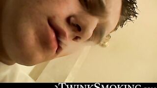 Jock Bryce Corbin oozed cum after blowing smoke & jerking in the hallway
