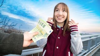 Kate Quinn earned money by dancing, flashing her boobs, giving a blowjob, & getting banged in various positions until she received a sexy load on her tongue.