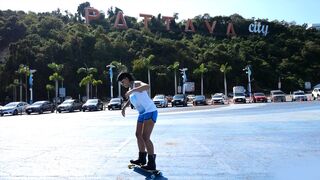 Skateboarding fail of big round ass Thai MILF who fucks at home after